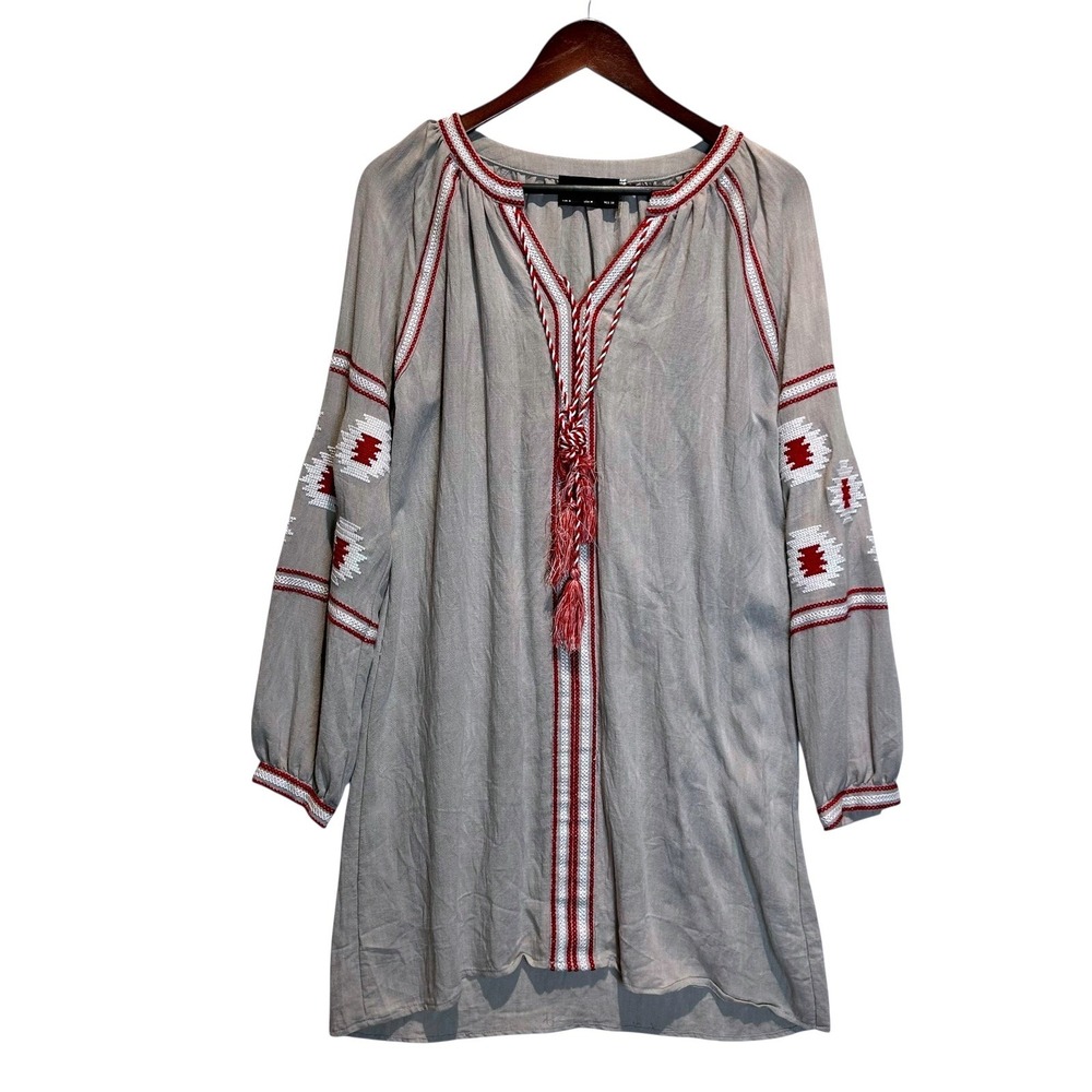 Dress Forum Embroidered Tunic Dress M Gray‎ Red Tassel Folk Peasant Festival
